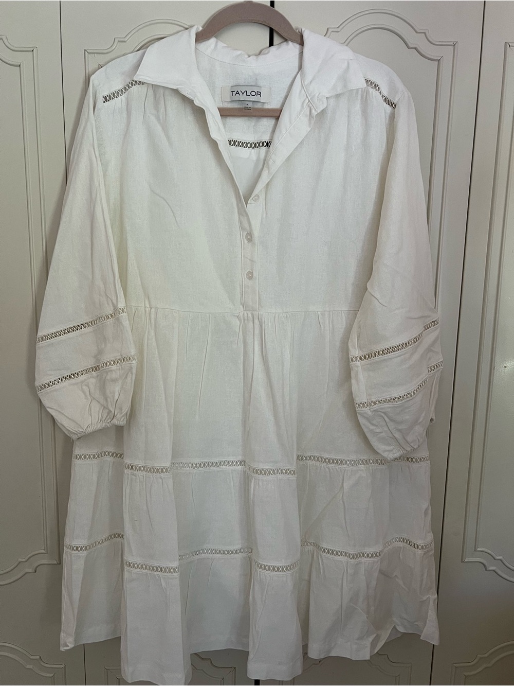 Taylor White Linen Tiered Dress with Ladder Lace